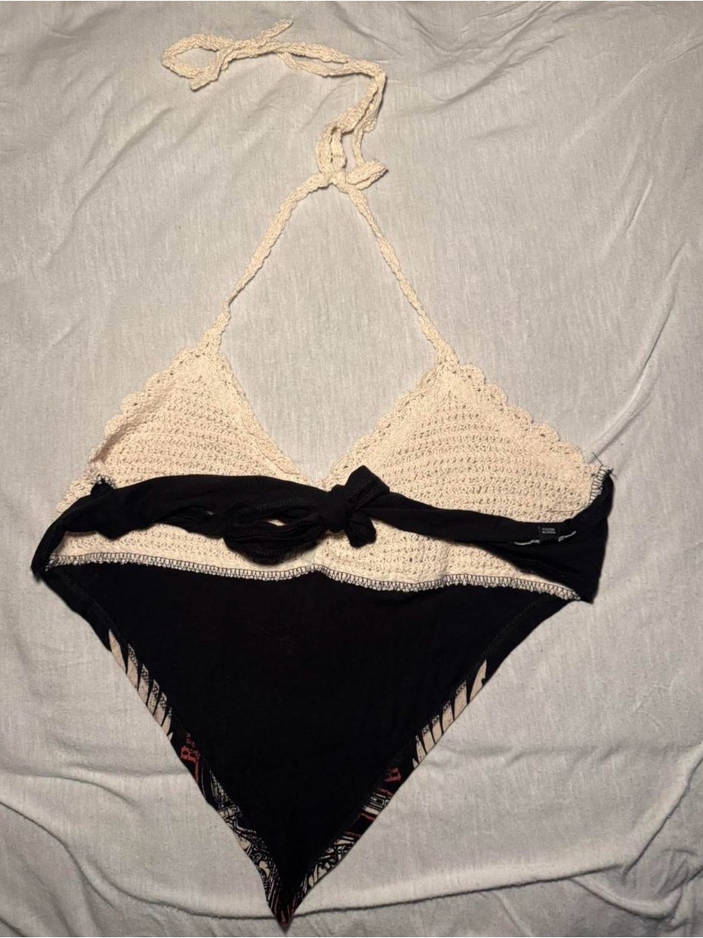 Fashion Nova Cream Crochet Halter Tank Top with Black & Red Motorcycle Graphic - Picture 3 of 4